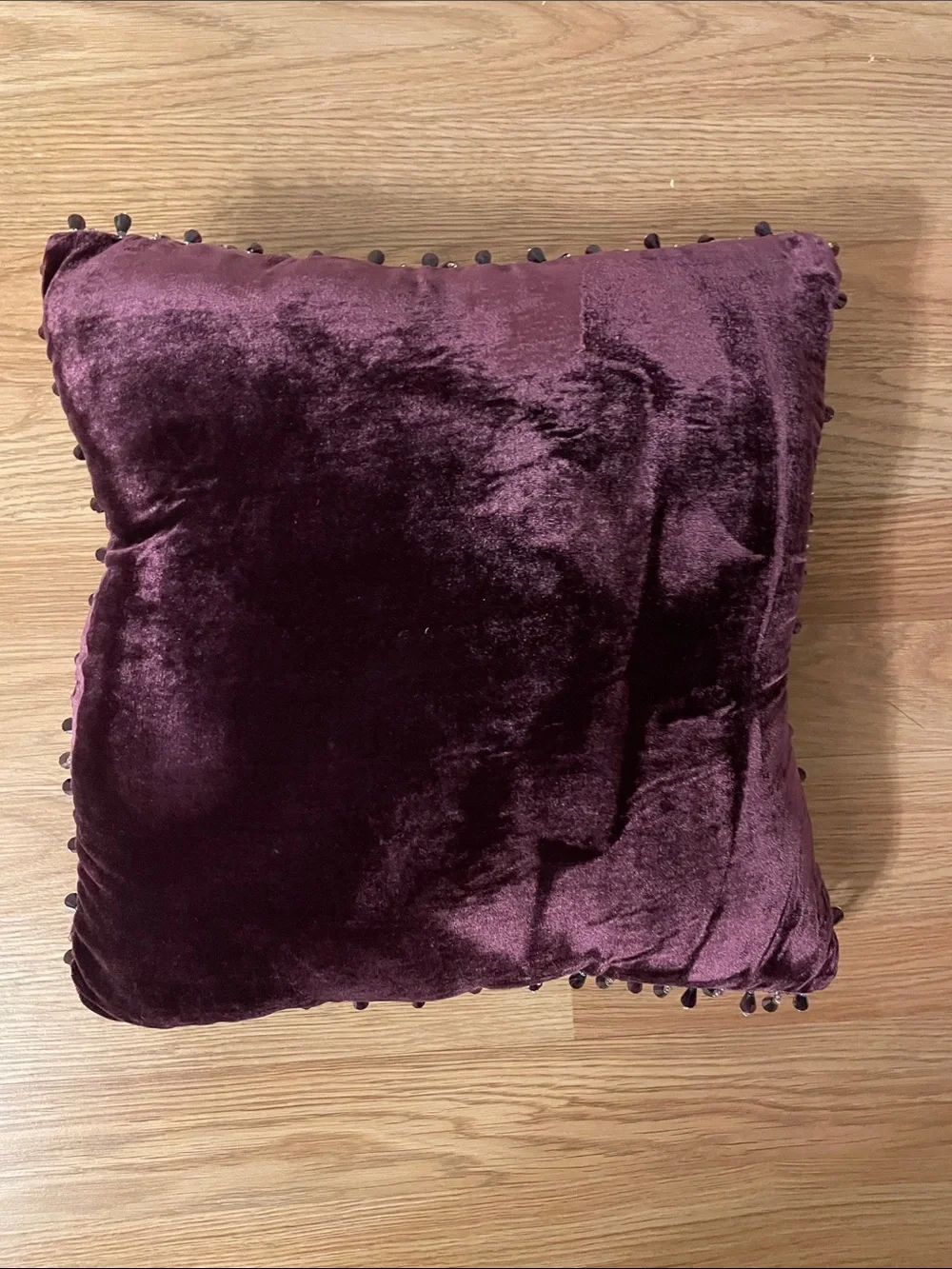 Plum Velvet Decorative Throw Pillow with Beaded Trim